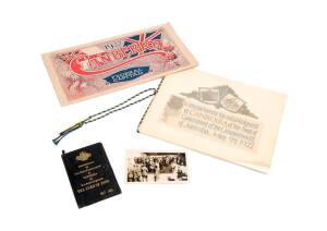 1927 OPENING OF PARLIAMENT HOUSE CANBERRA: Collection with Invitation booklet "To commemorate the establishment at Canberra..."; entree card "Visit of Their Royal Highnesses The Duke & Duchess of York"; leather souvenir wallet; b/w photograph of Prime Min