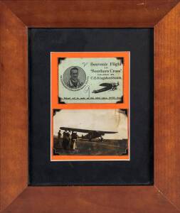 CHARLES KINGSFORD-SMITH: Ticket "Souvenir Flight in 'Southern Cross' piloted by C.E.Kingsford-Smith", window mounted with snapshot photograph of the 'Southern Cross' aircraft, framed & glazed, overall 27x33cm.