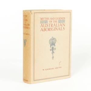 SMITH, W. Ramsay. "Myths and Legends of the Australian Aboriginals" [Harrap, London. 1930 - First edition.] Octavo. 356 pages. 16 colour plates by A. Woodward, 21 plates from photographs and illustrations in the text. Light grey buckram covers with Aborig