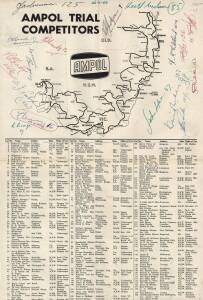 1958 “Ampol [Around Australia] Trial Competitors” broadsheet with a map of the 7500 miles (12,000km) route through New South Wales, Queensland, Victoria & South Australia, and a list of the 161 entrants, signed in various colour inks by about 50 of those 