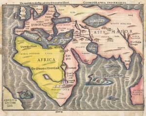 "Die Eigentliche Warhafftige Gestalt der Erden und des Meers. Cosmographia Universalis" by Heinrich Bunting [Magdeburg, c1590], which charts a landmass named "India Meridionalis, which strikingly resembles Australia's west coast. Its presence is thought b