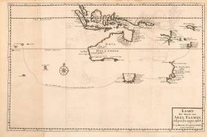 "Kaart der Reyse van Abel Tasman volgens syn eygen opstel" by Braam & Linden [Amsterdam, 1726], map showing the discoveries of Abel Tasman in 1642-43 and 1644, two sheets co-joined, overall 49x33cm.