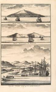 "Het Eyland Amsterdam/ Het Eyland St. Paulo/ Swartte Swaane drift op het Eyland Rottenest", by Valentijn [Amsterdam, 1726], the lower engraving showing two sailing ships and two long boats preparing to row up the Swan River, and the island discovered by t