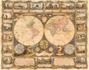 AN ELABORATE WALL MAP OF THE WORLD SURROUNDED BY SEVENTEEN VIGNETTES DEPICTING SCENES FROM THE OLD TESTAMENT, 1754, PARIS