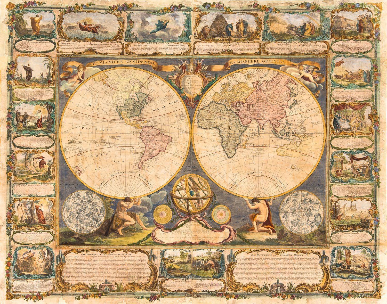 AN ELABORATE WALL MAP OF THE WORLD SURROUNDED BY SEVENTEEN VIGNETTES