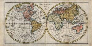 "Mappe-Monde, Divisee en ses quatre Partie 1759" [Paris, 1759], double-hemisphere map showing east coast of Australia stretching from Tasmania via New Hebrides to New Guinea, hand-coloured, size 34x17cm.