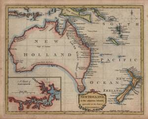 "New Holland & the adjacent Islands, agreeable to the Latest Discoveries" by Kincaid, [London, c1790], with inset "A Sketch of Port Jackson' including Sydney Cove, hand-coloured, size 26x21cm.