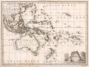 c1812-80 maps, noted c1812 "Oceanique"; 1838 "Pacific Ocean"; 1860 "Carte de la Melanesie"; 1875 "Australie Occidentale" & 1880 "Australie et Polynesie". All window mounted, various sizes. Condition varies.