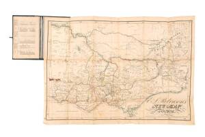 VICTORIA: "E.L. ROBINSON'S NEW POCKET MAP OF VICTORIA" [Robinson, Melbourne, 1862] engraved by W.Palmer. Linen-backed folding map contained in a pocket-book sized gilt-lettered cloth folder with ties. Affixed to the inside front cover is a list of the num