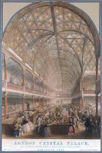 c1851 coloured lithograph poster "LONDON CRYSTAL PALACE" for the Great Exhibition in Hyde Park in 1851, artwork by Edmund Walker, printed by Day & Sons Lithographers to the Queen, framed and glazed, 85 x 57cm