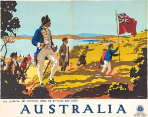 Percy Trompf [Australian, 1902-1964] "The Landing Of Captain Cook At Botany Bay 1770" c1935. Colour lithograph in two sheets, signed in image at lower right, 101.4 x 126.5cm. Text includes "Poster No. 1. Posters Ltd, Sydney. Australian National Travel Ass