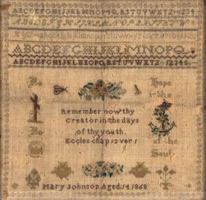 A sampler by Mary Johnson aged 14, 1868