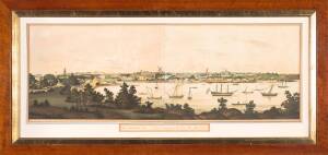 New South Wales 1810, pair of coloured lithographs,  View of Sydney from the East Side of the Cove & View of Sydney West Side of the Cove, 1884 facsimile of original by John Clark (after John Eyre), published by William Dymock. Framed & glazed 35 x 98cm e