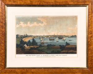 A hand coloured engraving, "South West View of Sydney in New South Wales", published 1st January 1814 by James Whittle & Richard Holmes, Laurie No. 53 Fleet Street London. 42 x 28cm