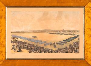 NICHOLAS CHEVALIER, hand coloured lithograph, "Review and Encampment of Victorian Volunteers at The Werribee 1861", engraved by R.Shepard, in birdseye maple frame. 44 x 64cm