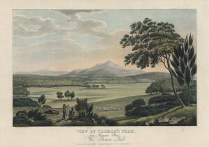 JOSEPH LYCETT (c1775-1828): Coloured aquatints, "View of Tasman's Peak, from Macquarie Plains, Van Diemens Land" & "Beckett's Fall, on the River Apsley, New South Wales", each 28x18cm.