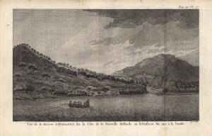 CAPTAIN COOK: "Vue de la Riviere D'Endeavour sur la Cote de la Nouvelle Hollande ou le Vaiseau sut mis a la bande", engraving by Duret from the French edition of Cook's Voyages [Paris, 1774], size 39x25cm. The first known landscape drawing of the east coa