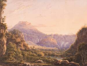 SAMUEL AUGUSTUS PERRY (1791 - 1854) View of the Valley of Roseau, Dominica; watercolour on paper, signed and inscribed verso; 10.5 x 15cmInscibed verso: "View of the Valley of Rousseau or Queen's River in the Island of Dominica with the cascade and mounta