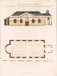 A colour print of a plan and elevation drawing of a church, Parramatta, 1800