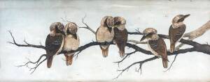 ARTIST UNKNOWN, An Australian folkart oil on canvas of kookaburras, early 20th century, in silky oak frame, 39 x 100 cm