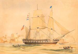 FREDERICK GARLING (1806-1873)The Ann, bound for Calcutta, off Millers Point, Sydney, 13th August 1845watercolour on paper30 x 43cm