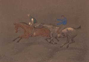 CHARLES HOWARD ANGUS (1861-1926), Owners Up 1883, Racing at Lindsay Park SA, watercolour, monogrammed and titled lower left, inscribed verso: drawn and painted by Charlie Angus and given by him to A.G.B in Adelaide 1885, 14.5 x 20.5 cm