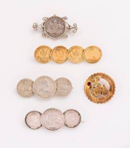 Four silver and gilded silver coin brooches including 1910 sixpence and threepence. Total weight 24.67 grams. To be sold with a gold plated Federation brooch.