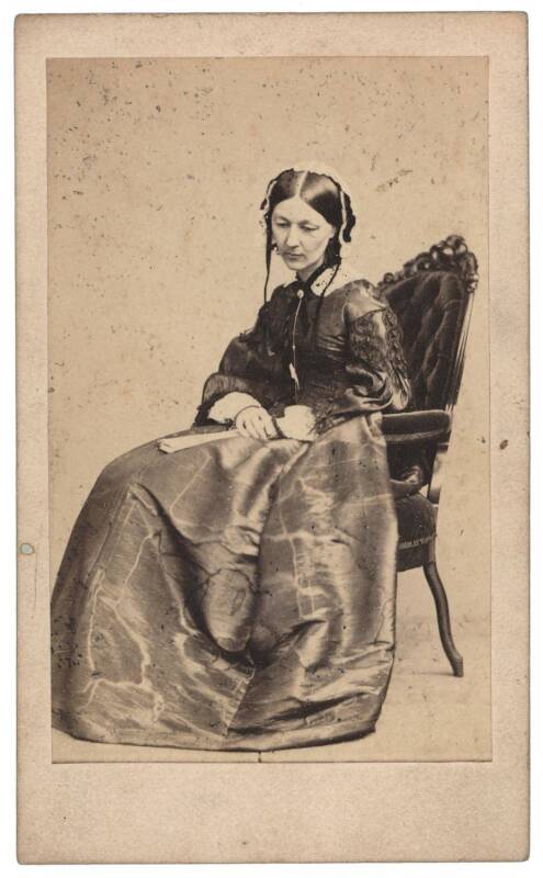 FLORENCE NIGHTINGALE (1820-1910, the founder of modern nursing): Carte-de-visite photograph of Florence Nightingale c1860. On reverse "By Appointment, Mr Kilburn, 222 Regent Street. H.Lenthall, Successor". {Nightingale had a principled objection to having