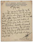 GEORGE BERNARD SHAW (1856-1950, Irish playwright): 1947 (9 July) ALS (card) to Malcolm Morley, The Everyman Theatre, Hampstead, giving permission to do his play "Overruled", and providing notes on casting the characters. - 2