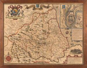 "The Bishoprick and Citie of Durham" by John Speed [London, c1612-76], engraved map with later hand-colouring, framed & glazed, overall 54x42cm.