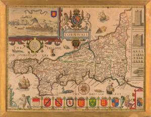 "Cornwall. Described by the travills of John Nordern augmented and published by J.Speed" by John Speed [London, c1612-76], engraved map with later hand-colouring, framed & glazed, overall 54x42cm.