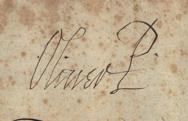 OLIVER CROMWELL (1599-1658): Document signed "Oliver P", being a warrant authorising payment to Lt.-Col. Thomas Kelsey, Governor of Dover Castle for his expenses, given at Whitehall April 30th 1655. On the reverse is Kelsey's receipt, dated 24th May 1655.