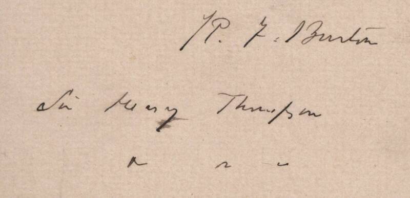 SIR RICHARD FRANCIS BURTON (1821-90, explorer & translator of "The Arabian Nights"): Collection including ALS to Sir Henry Thompson on "Athaneum Club, Pall Mall letterhead; plus group of 1875-90 letters & cards from Lady Isabel Burton (11); 1890 holograph