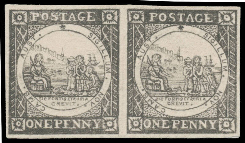 1850-51 Sydney Views 1d plate proof horizontal pair in black on thick wove paper/thin card, good even margins. Not previously seen by us & of unknown status. RPSofV Certificate (2016) states "it is a posthumous reproduction".