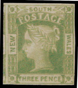 1851-55 Laureates Medium Greyish Blue Wove Paper 3d dull yellow-green SG 67, margins close - at lower-right - to large with part of the adjoining unit at left, good colour for this issue with just a small patch of discolouration in front of Queen's mouth,