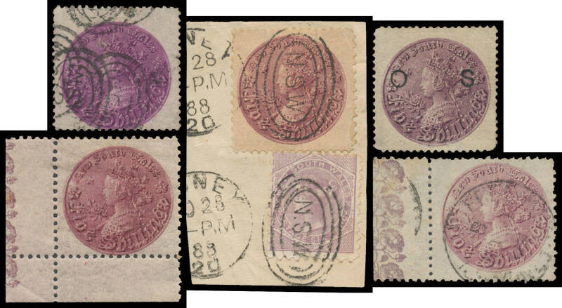 1861-88 "Coin" 5/- collection with a good number of mint/unused examples including a corner stamp with Floral Border, the used with one on an 1888 piece, another with Floral Border & an excellent array of shades including the dramatic "royal purple" SG 17