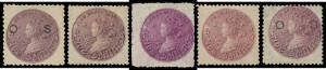 1861-88 "Coin" 5/- SG 174a-181 selection of shades and perfs including an unusually large example of the Perf 13 "royal purple" SG 175, plus 'OS' Overprint SG O14b & O18, condition variable, several with part- to large-part o.g., Cat £4200 approximately. 