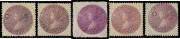 1861-88 "Coin" 5/- SG 174a-181 selection of shades and perfs including an unusually large example of the Perf 13 "royal purple" SG 175, plus 'OS' Overprint SG O14b & O18, condition variable, several with part- to large-part o.g., Cat &pound;4200 approximately. 