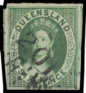 1860 Large Star Imperf 6d green SG 3, margins good to large with complete outer framelines & fragments of the units at left & right, minor repair at the base, very fine Rays '201' cancellation of Rockhampton, Cat &pound;800. An unusually large example. RPSofV C