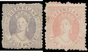 1866-67 Lithographs First Transfer 4d grey-lilac SG 54 & 5/- pale rose SG 58, characteristic irregular perfs, large-part o.g., Cat £1500.