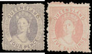 1866-67 Lithographs First Transfer 4d grey-lilac SG 54 & 5/- pale rose SG 58, characteristic irregular perfs, large-part o.g., Cat &pound;1500.