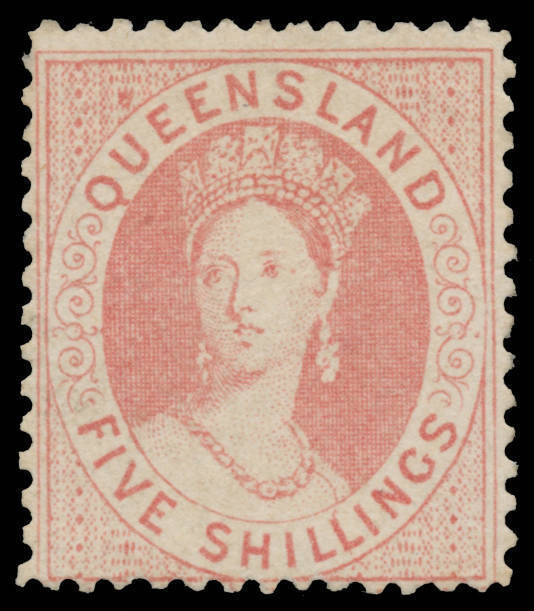 1866-67 Lithographs 5/- pale rose SG 58, unusually clean-cut perfs for this issue, unused, Cat £1100.