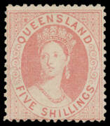 1866-67 Lithographs 5/- pale rose SG 58, unusually clean-cut perfs for this issue, unused, Cat &pound;1100.