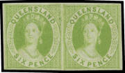 1868-78 Crown/Q 6d bright apple-green Imperforate horizontal pair SG 92a, good even margins, unused, Cat £700. Superb!