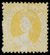 1868-78 Crown/Q 4d yellow First Transfer SG 102 with the Watermark Reversed, a few toned perfs at the top, unused, Cat £1600+. RPSofV Certificate (2016).