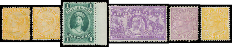 1879-1912 Issues on hingeless pages with First Sidefaces 4d SG 131 with part-o.g., No Wmk 4d to 1/- mint, 'Half-penny' on 1d Die I & a spurious Die II both used, Large Chalons Thin Paper to £1 used & Thick Paper mint set, 1884 Perf 9½x12 1/- unused, 1887-