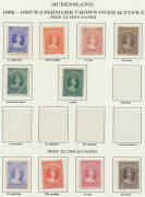 1879-1912 Issues on hingeless pages with First Sidefaces 4d SG 131 with part-o.g., No Wmk 4d to 1/- mint, 'Half-penny' on 1d Die I & a spurious Die II both used, Large Chalons Thin Paper to &pound;1 used & Thick Paper mint set, 1884 Perf 9&frac12;x12 1/- unused, 1887- - 3