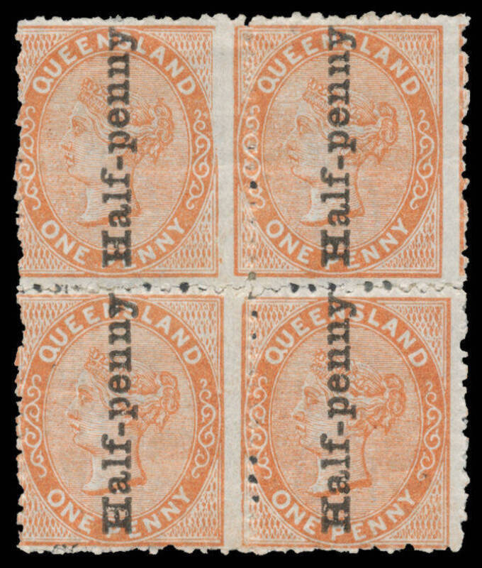 1880 Surcharge 'Half-penny' on 1d brown Dies II-I SG 151/a rejoined block of 4 (two horizontal pairs), both left-hand units being Die II, the upper pair with an ironed-out crease, large-part o.g., Cat £2250++. A rare & desirable multiple. Ex Bernie Mannin