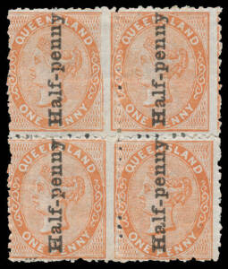 1880 Surcharge 'Half-penny' on 1d brown Dies II-I SG 151/a rejoined block of 4 (two horizontal pairs), both left-hand units being Die II, the upper pair with an ironed-out crease, large-part o.g., Cat £2250++. A rare & desirable multiple. Ex Bernie Mannin