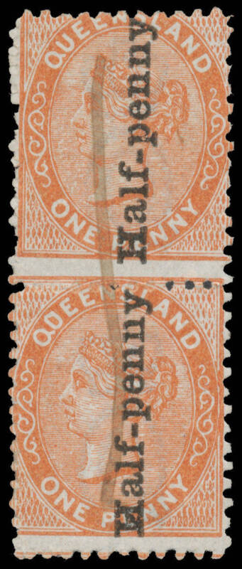 1880 Surcharge 'Half-penny' on 1d reddish brown Die II vertical pair, the lower unit with 'QOEENSLAND' SG 151ab, vertical ink-line cancel (presumably fiscal), Cat £1480+. Ex Bernie Manning. [NB: It is believed no postally used example is known of the vari